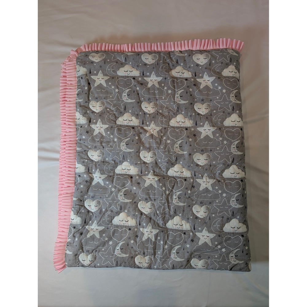 Celestial Handmade Quilted Baby Blanket Moon Star Cloud Grey White Pink 52"x44"